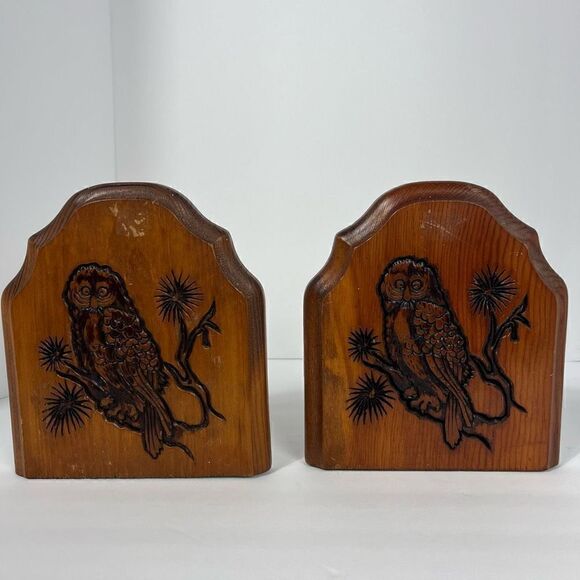 Vintage Wooden Carved Owl Bookends 7” - Picture 1 of 9